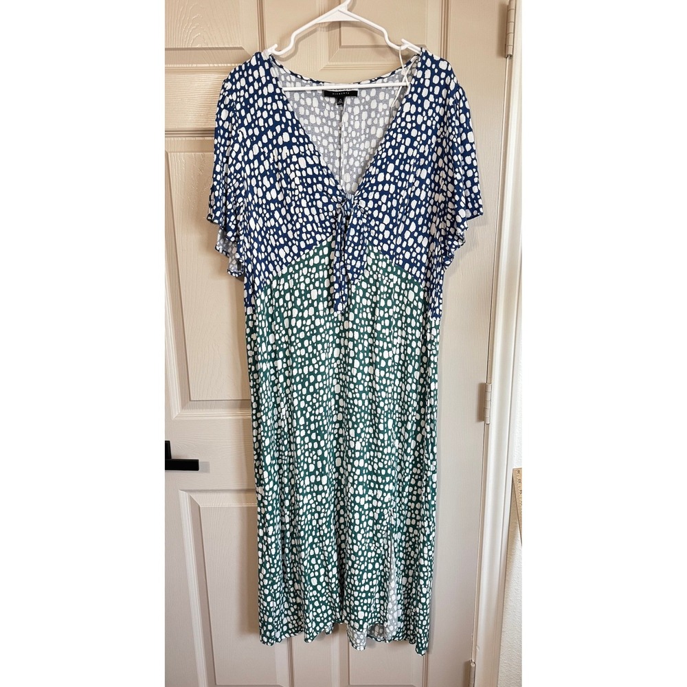 ELOQUII Blue Green Pebble Print Tie Front Midi Dress Plus Size 20 Summer Casual